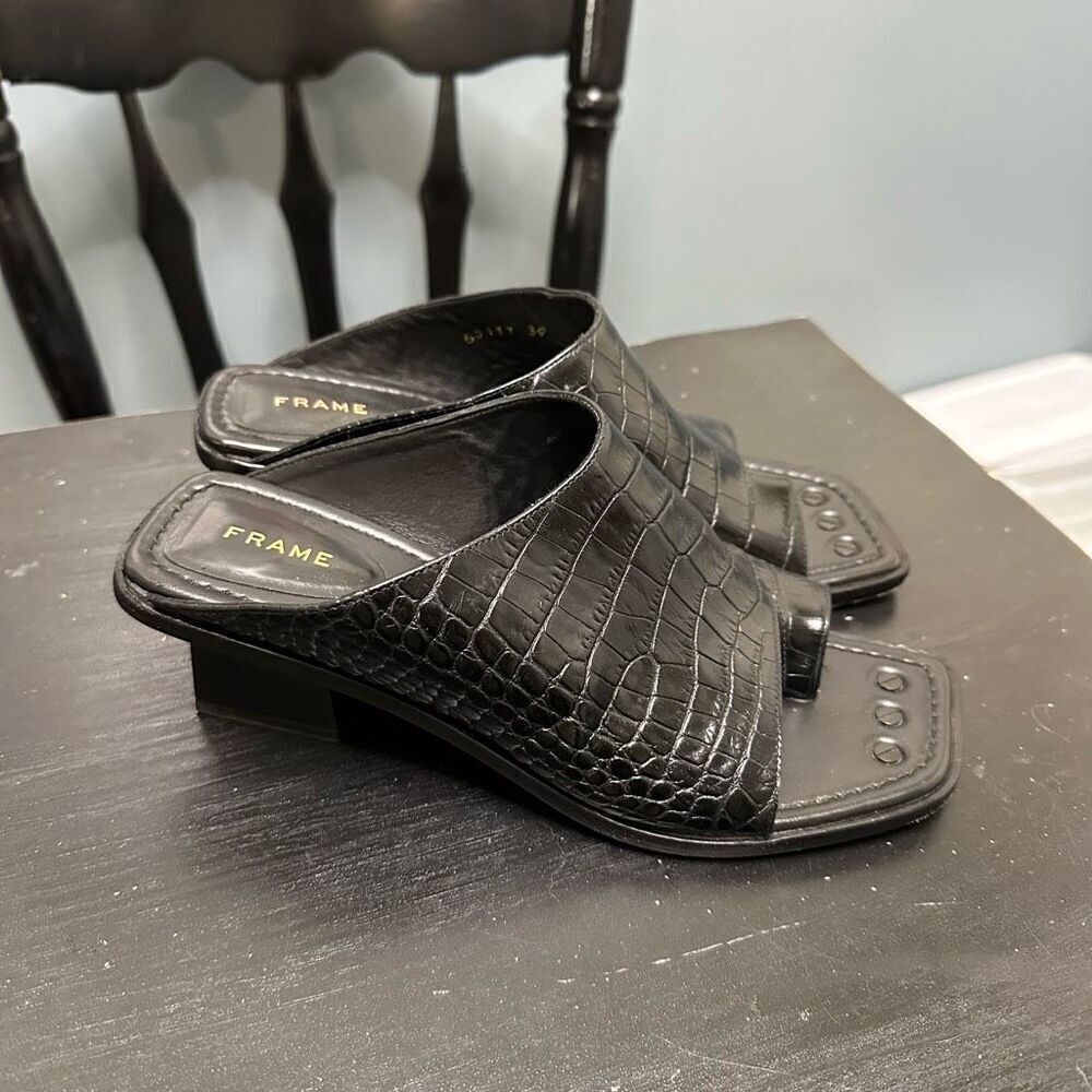 Frame Black Leather Block Heel Sandals Size 39 Made in Spain